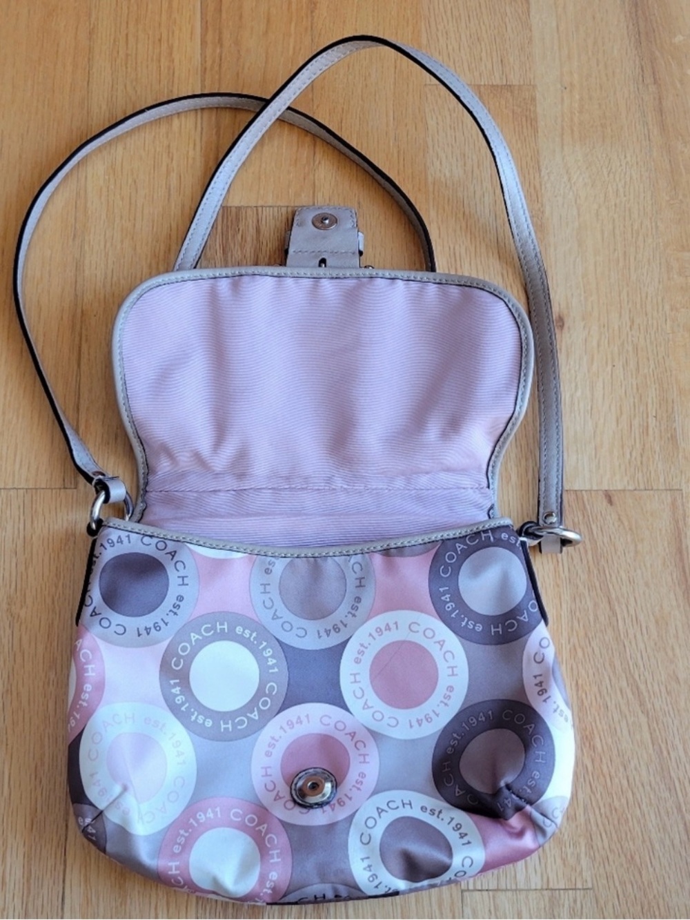 Coach Signature Pink Crossbody Purse Bag Optic Art Circle Print Vintage Est 1941 - Picture 2 of 2